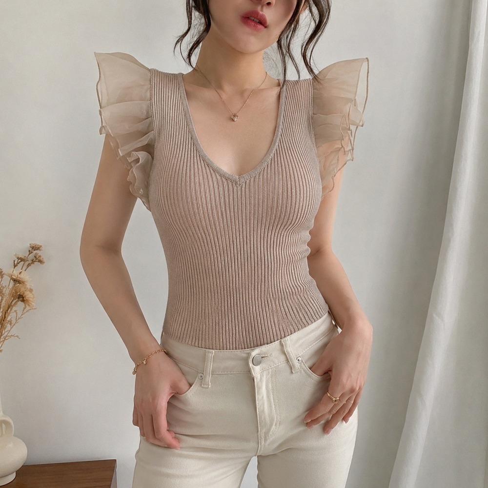 Women's XS S Ribbed‎ Knit Ruffle Sleeve Top Beige Sheer Fairycore Coquette